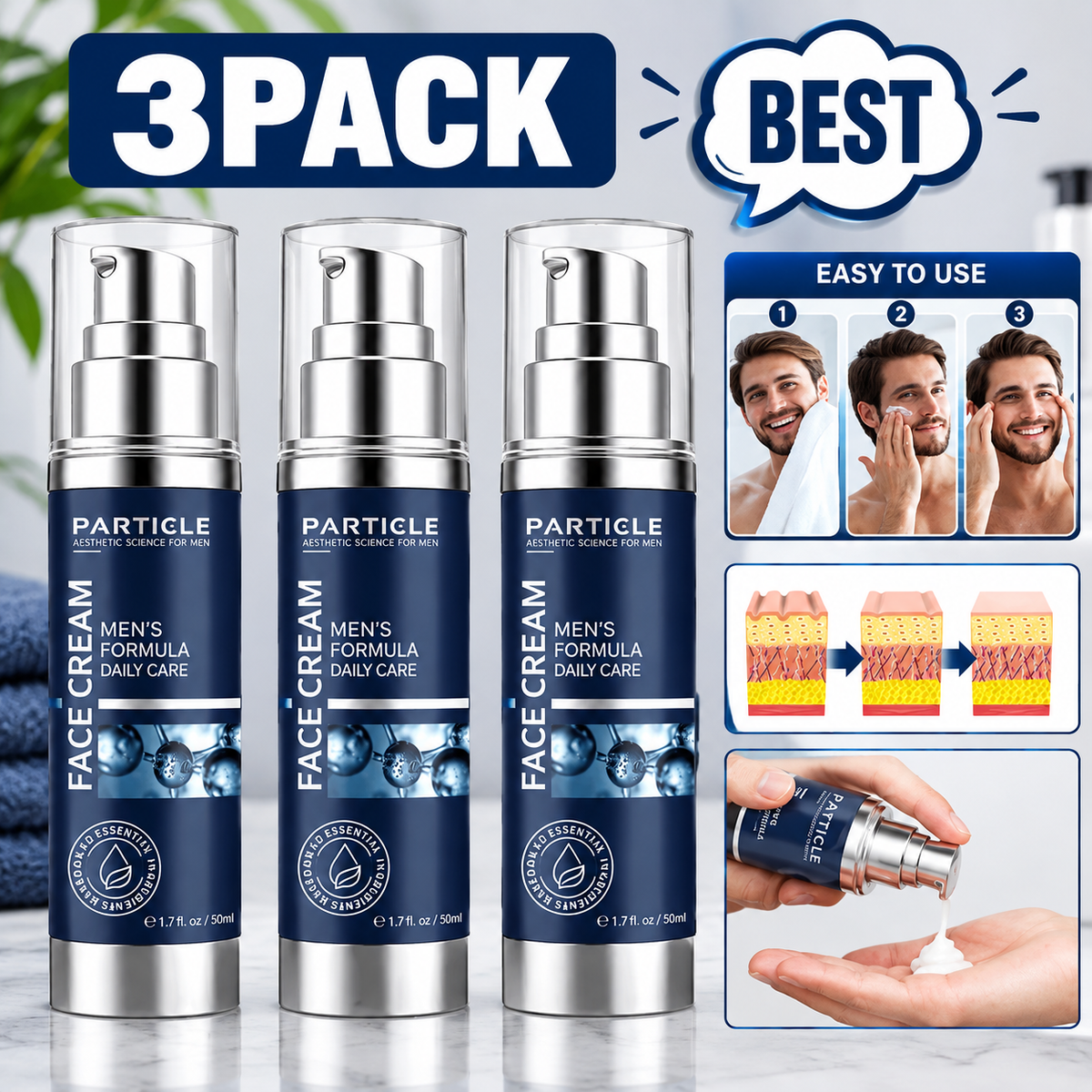 Particle Men's Face Cream 3-Pack – 6-in-1 Daily Hydrating Moisturizer 50ml Each