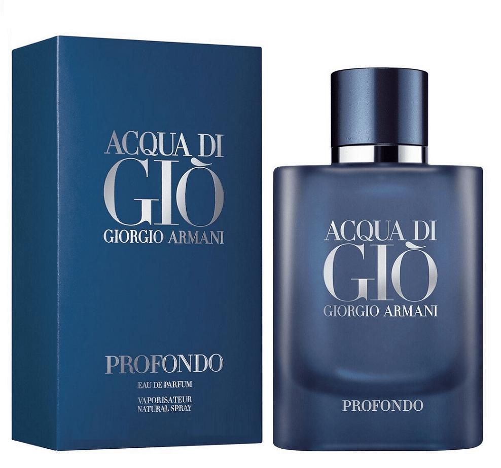 Giorgio Armani Acqua di Gio Profondo Eau de Parfum for Men featuring deep blue fragrance bottle and matching luxury blue packaging.
