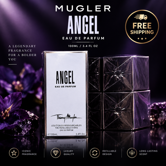 Mugler Angel Eau de Parfum 100ml bottle and packaging box displayed on a reflective dark surface, with three faceted glass perfume bottles behind it. The background is dark purple with floral accents, featuring the text 'MUGLER ANGEL EAU DE PARFUM', a 'FREE SHIPPING' badge, and feature icons at the bottom.