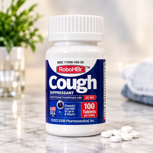A bottle of RoboHBr Cough Suppressant tablets on a marble surface with a few white tablets scattered in front. The background shows a softly blurred indoor setting with a plant and folded towels.
