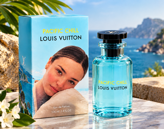 Louis Vuitton Pacific Chill Eau de Parfum 100ml turquoise perfume bottle with black cap and blue luxury presentation box
