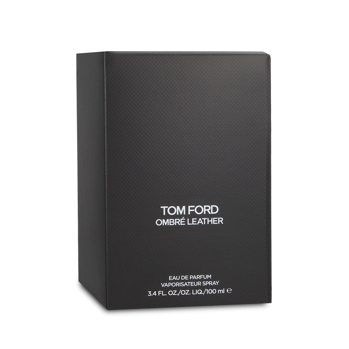 Tom Ford Ombre Leather Eau de Parfum box in black textured packaging with white text, shown on a clean white background.
