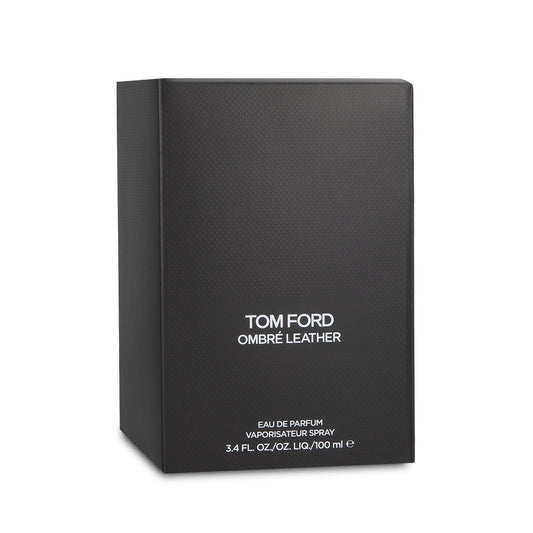 Tom Ford Ombre Leather Eau de Parfum box in black textured packaging with white text, shown on a clean white background.