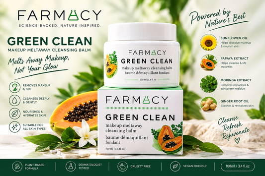 Farmacy Green Clean Makeup Meltaway Cleansing Balm shown in two white jars with green and orange botanical illustrations, set against a styled background with sliced papayas, flowers, and ingredient callouts including sunflower oil, papaya extract, honey extract, moringa extract, and ginger root oil.