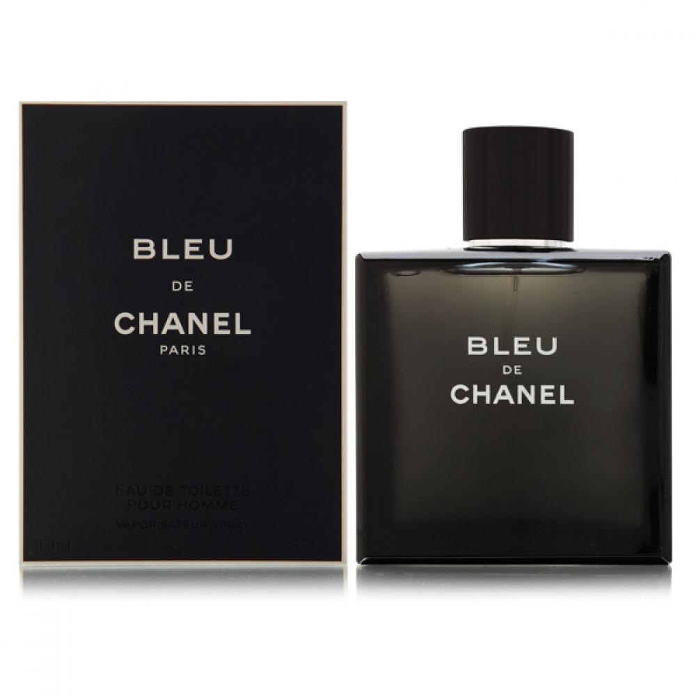 CHANEL BLEU DE CHANEL men's luxury perfume featuring elegant dark blue fragrance bottle with matching black packaging.