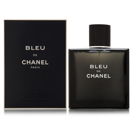 CHANEL BLEU DE CHANEL men's luxury perfume featuring elegant dark blue fragrance bottle with matching black packaging.
