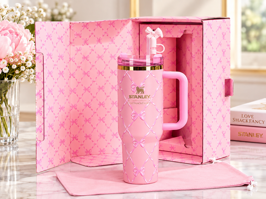 A pink Stanley tumbler with a handle and straw, displayed in front of its matching pink patterned gift box on a light marble surface.
