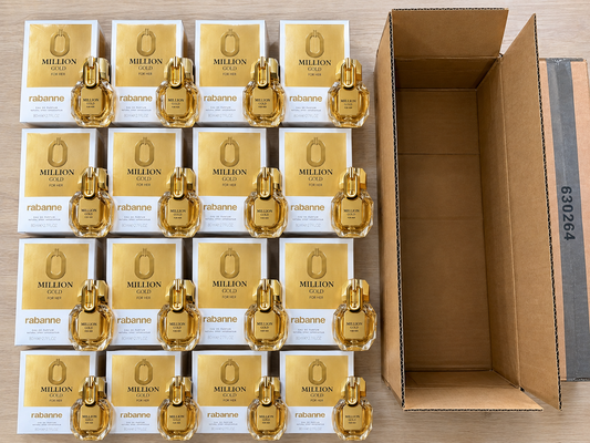 Rabanne Million Gold For Her Eau de Parfum 90 ml retail boxes displayed in a shipping carton.