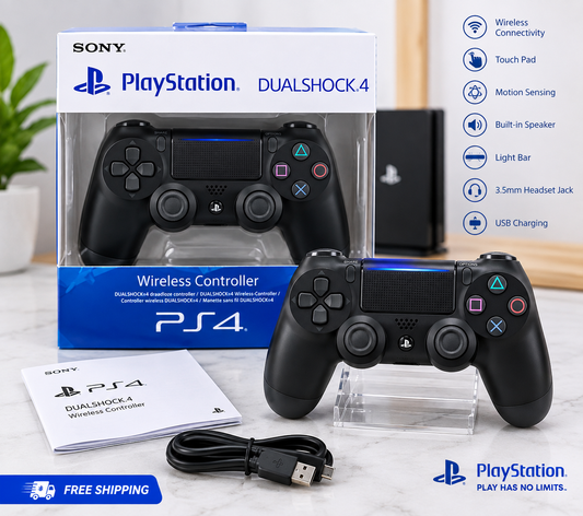 Sony PlayStation 4 DUALSHOCK 4 Wireless Controller in Black with PS4 retail box, USB charging cable, and accessories.